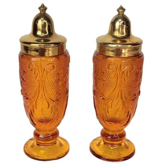 Vintage Other - Vintage MCM Heavy Amber Pressed Glass Salt & Pepper Shakers Gold Top
